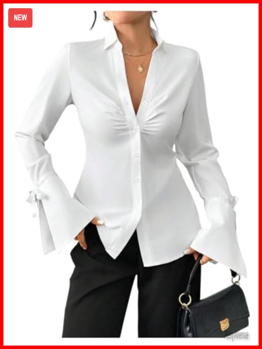 Women's Bow Flounce Sleeve Button Up Dressy Blouse Collared Long Sleeve